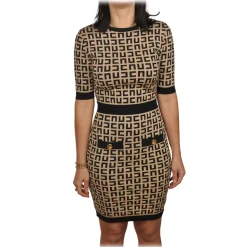 Elisabetta Franchi - Monogram Patterned Sheath Dress - Black/Beige - Dress - Made in Italy - Luxury Exclusive Collection - Avvenice