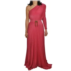 Elisabetta Franchi - One-Shoulder Long Dress with Long Sleeve - Fuxia - Dress - Made in Italy - Luxury Exclusive Collection - Avvenice