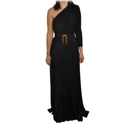 Elisabetta Franchi - One-Shoulder Long Dress with Long Sleeve - Black - Dress - Made in Italy - Luxury Exclusive Collection - Avvenice