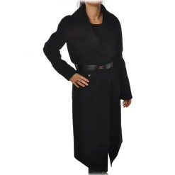 Elisabetta Franchi - Oversized Coat with Logo Belt - Black - Jacket - Made in Italy - Luxury Exclusive Collection - Avvenice