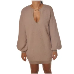 Elisabetta Franchi - Oversized Knit Dress with Gold Detail - Beige - Dress - Made in Italy - Luxury Exclusive Collection - Avvenice