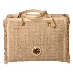 Elisabetta Franchi - Shopper Bag with Chain in Fabric - Champagne - Bag - Made in Italy - Luxury Exclusive Collection - Avvenice