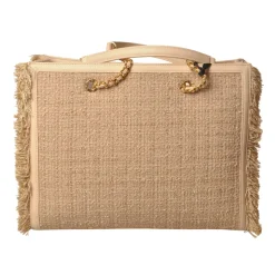 Elisabetta Franchi - Shopper Bag with Chain in Fabric - Champagne - Bag - Made in Italy - Luxury Exclusive Collection - Avvenice