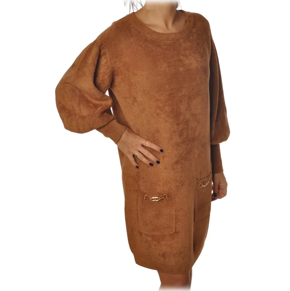 Elisabetta Franchi - Short Dress with Two Pockets - Bronze - Dress - Made in Italy - Luxury Exclusive Collection - Avvenice