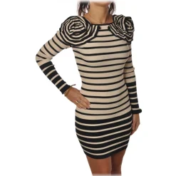 Elisabetta Franchi - Striped Dress with Flower Detail - Black/Cream - Dress - Made in Italy - Luxury Exclusive Collection - Avvenice