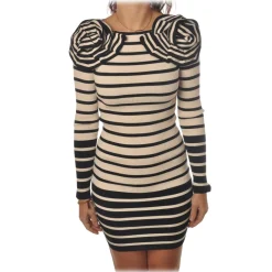 Elisabetta Franchi - Striped Dress with Flower Detail - Black/Cream - Dress - Made in Italy - Luxury Exclusive Collection - Avvenice