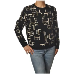 Elisabetta Franchi - Sweater in Logoed Pattern - Black - Pullover - Made in Italy - Luxury Exclusive Collection - Avvenice