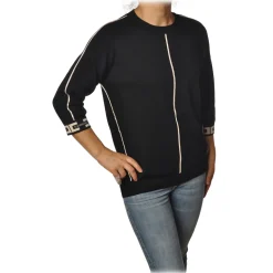 Elisabetta Franchi - Sweater with 3/4 Sleeves and Logoed Cuffs - Black - Pullover - Made in Italy - Luxury Exclusive Collection - Avvenice