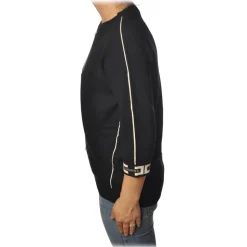 Elisabetta Franchi - Sweater with 3/4 Sleeves and Logoed Cuffs - Black - Pullover - Made in Italy - Luxury Exclusive Collection - Avvenice