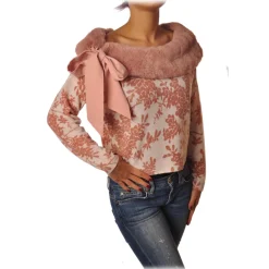 Elisabetta Franchi - Sweater in Pattern with Eco-fur - White/Pink - Pullover - Made in Italy - Luxury Exclusive Collection - Avvenice
