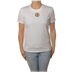 Elisabetta Franchi - T-Shirt with Perforated Metallic Logo - White - T-Shirt - Made in Italy - Luxury Exclusive Collection - Avvenice