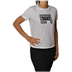 Elisabetta Franchi - T-Shirt with Embroidered Logo - White - T-Shirt - Made in Italy - Luxury Exclusive Collection - Avvenice