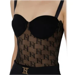 Elisabetta Franchi - Tulle Bodice Top with Logos - Black - Top - Made in Italy - Luxury Exclusive Collection - Avvenice
