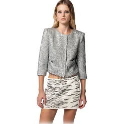 Elisabetta Franchi - Tweed Lurex Cropped Jacket - Silver - Jacket - Made in Italy - Luxury Exclusive Collection - Avvenice