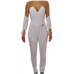 Elisabetta Franchi - V-neckline Jumpsuit with Tulle - Ivory - Dress - Made in Italy - Luxury Exclusive Collection - Avvenice