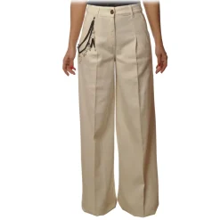 Elisabetta Franchi - Wide Leg Trousers with Chain - Butter - Trousers - Made in Italy - Luxury Exclusive Collection - Avvenice