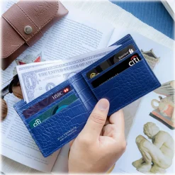 Gian Ferrente - Est. 1982 - Classic Bi-Fold Leather Wallet in Caiman Hornback - Blue Navy - Luxury High Quality - Avvenice
