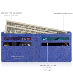Gian Ferrente - Est. 1982 - Classic Bi-Fold Leather Wallet in Crocodile Belly - Blue Navy - Luxury High Quality - Avvenice