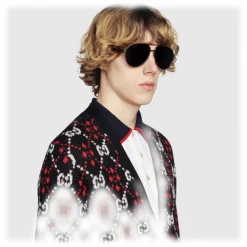 Gucci - Aviator Sunglasses - Glossy Black Acetate and Silver Metal - Gucci Eyewear - Avvenice