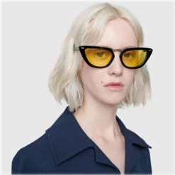 Gucci - Cat Eye Acetate Sunglasses with Metal Bridge - Black Yellow  - Gucci Eyewear - Avvenice