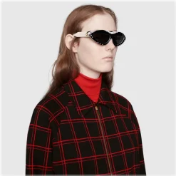 Gucci - Oval Sunglasses with Swarovski Crystals - White Black - Gucci Eyewear - Avvenice