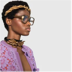 Gucci - Oversize Round Frame Acetate Glasses - Transparent Olive Acetate - Gucci Eyewear - Avvenice