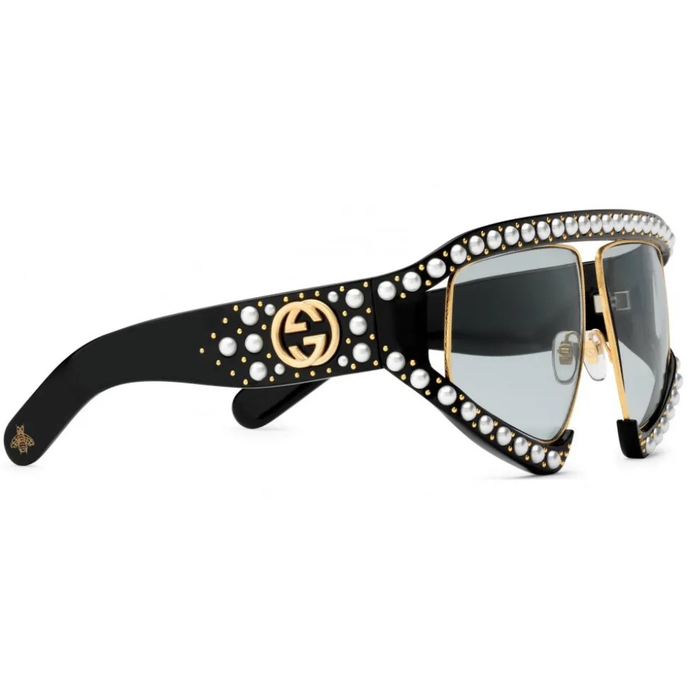 Gucci - Rectangular Acetate Sunglasses with Pearls - Black - Gucci Eyewear - Avvenice