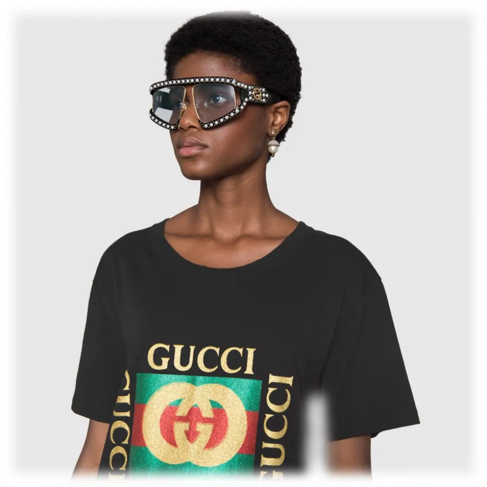 Gucci - Rectangular Acetate Sunglasses with Pearls - Black - Gucci Eyewear - Avvenice