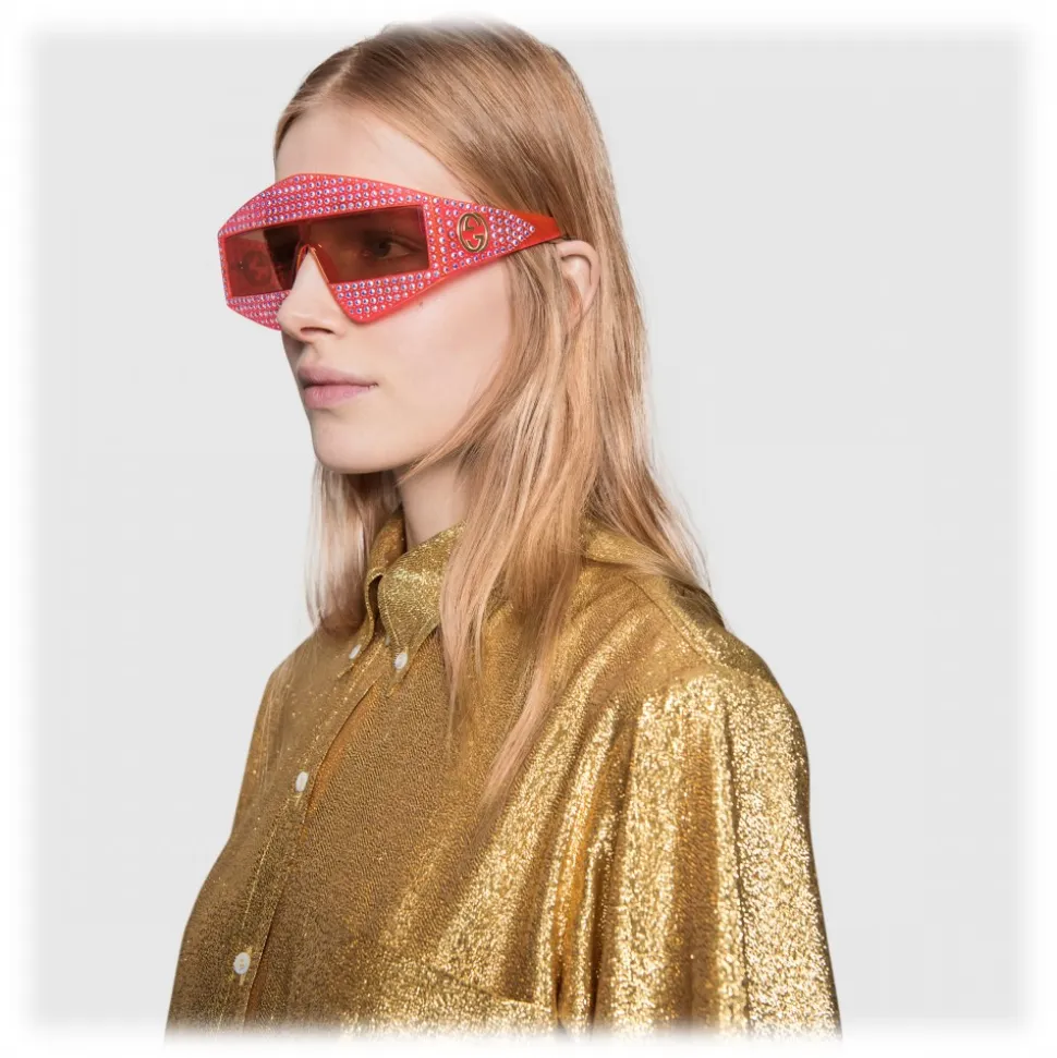 Gucci - Rectangular Acetate Sunglasses with Crystals - Red - Gucci Eyewear - Avvenice