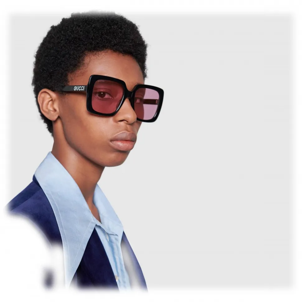 Gucci - Rectangular Acetate Sunglasses - Glossy Black Acetate - Gucci Eyewear - Avvenice