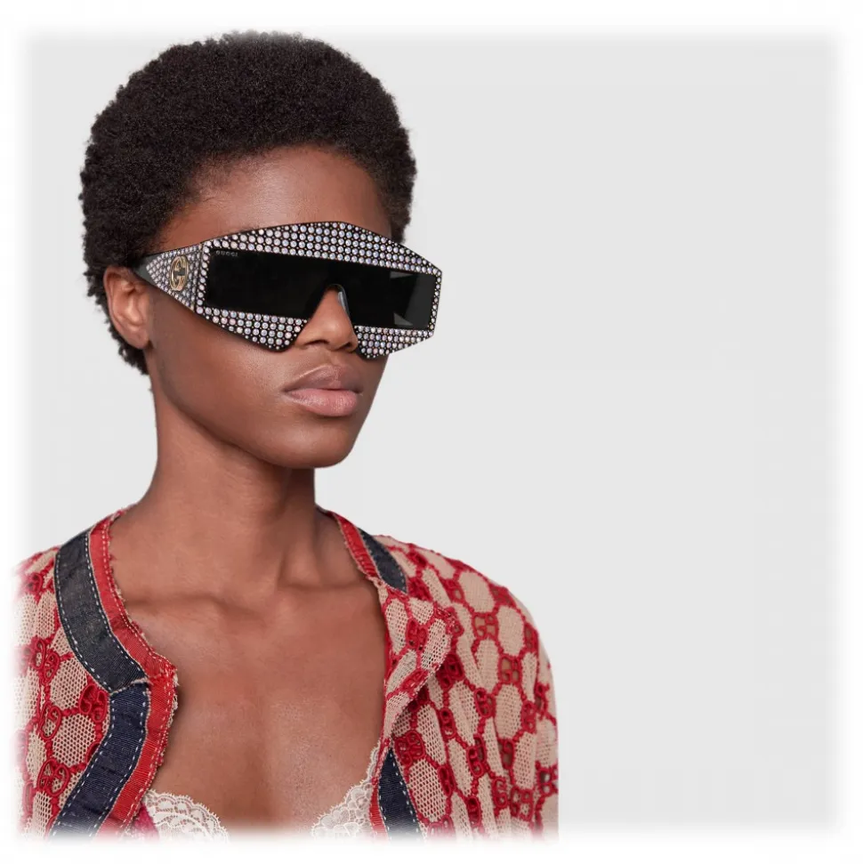Gucci - Rectangular Acetate Sunglasses with Crystals - Black - Gucci Eyewear - Avvenice