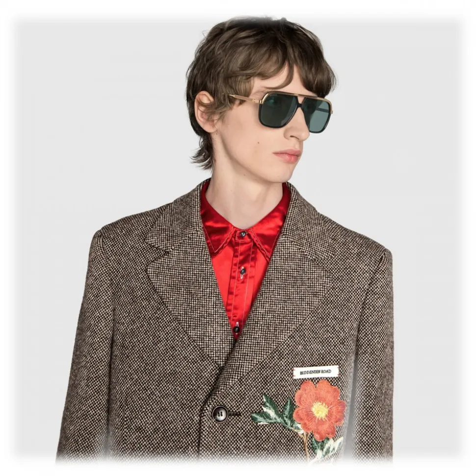 Gucci - Rectangular Metal Sunglasses - Black Metal Green Lenses - Gucci Eyewear - Avvenice