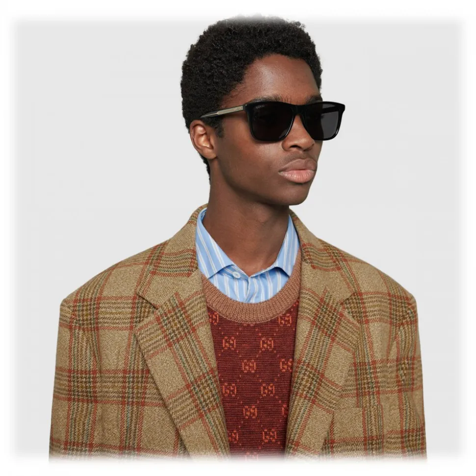 Gucci - Rectangular Metal Sunglasses - Polished Black Acetate - Gucci Eyewear - Avvenice