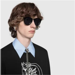 Gucci - Round Acetate Sunglasses - Black with Grey Lenses - Gucci Eyewear - Avvenice