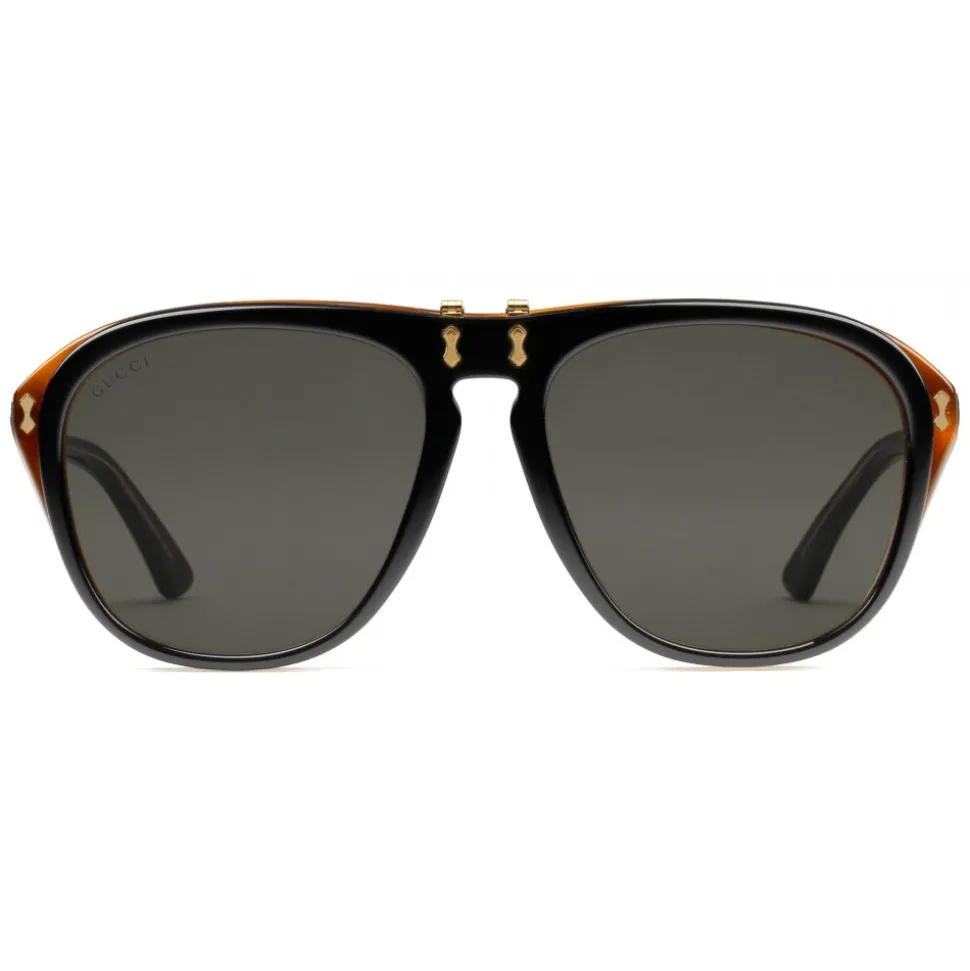 Gucci - Round Acetate Sunglasses - Light and Black Turtle Acetate with Flip Up Detail - Gucci Eyewear - Avvenice