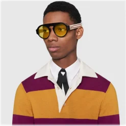 Gucci - Round Acetate Sunglasses - Black Acetate Yellow Lenses - Gucci Eyewear - Avvenice