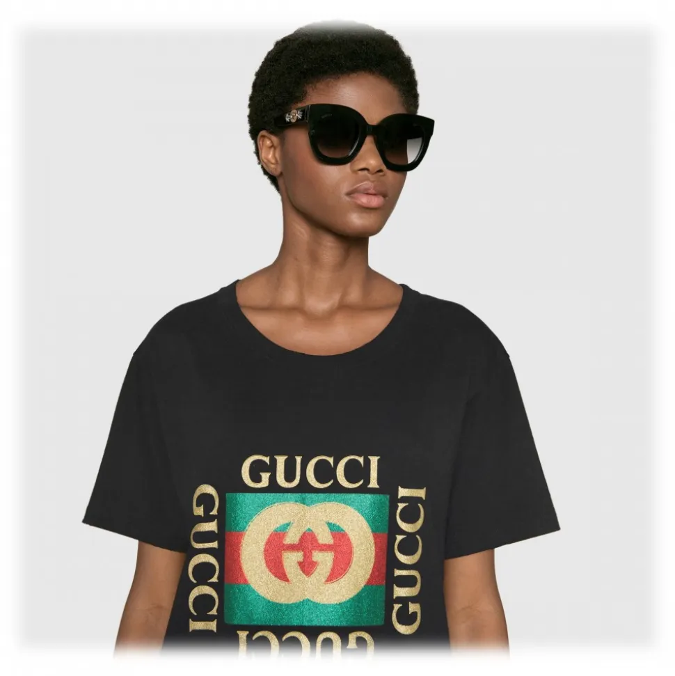 Gucci - Round Frame Acetate Sunglasses with Star - Black Acetate - Gucci Eyewear - Avvenice