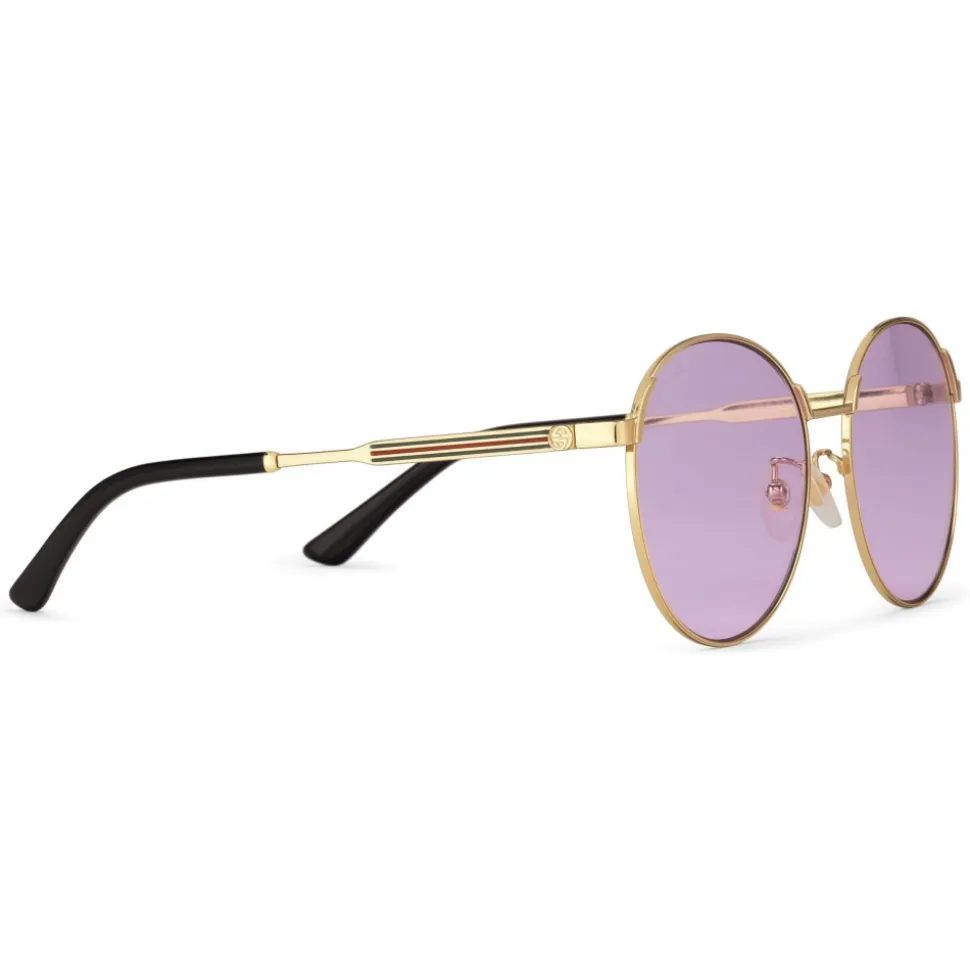 Gucci - Round Frame Metal Sunglasses - Gold with Green and Red Web Detail - Gucci Eyewear - Avvenice