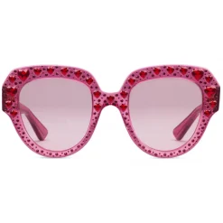 Gucci - Square Frame Acetate Sunglasses with Heart Crystalss -Transparent Fuchsia Acetate - Gucci Eyewear - Avvenice