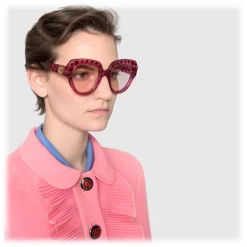Gucci - Square Frame Acetate Sunglasses with Heart Crystalss -Transparent Fuchsia Acetate - Gucci Eyewear - Avvenice