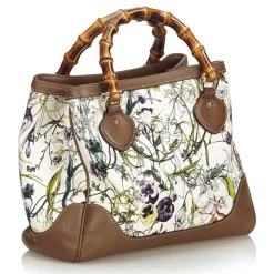 Gucci Vintage - Bamboo Canvas Flora Diana Satchel Bag - White - Leather Handbag - Luxury High Quality - Avvenice