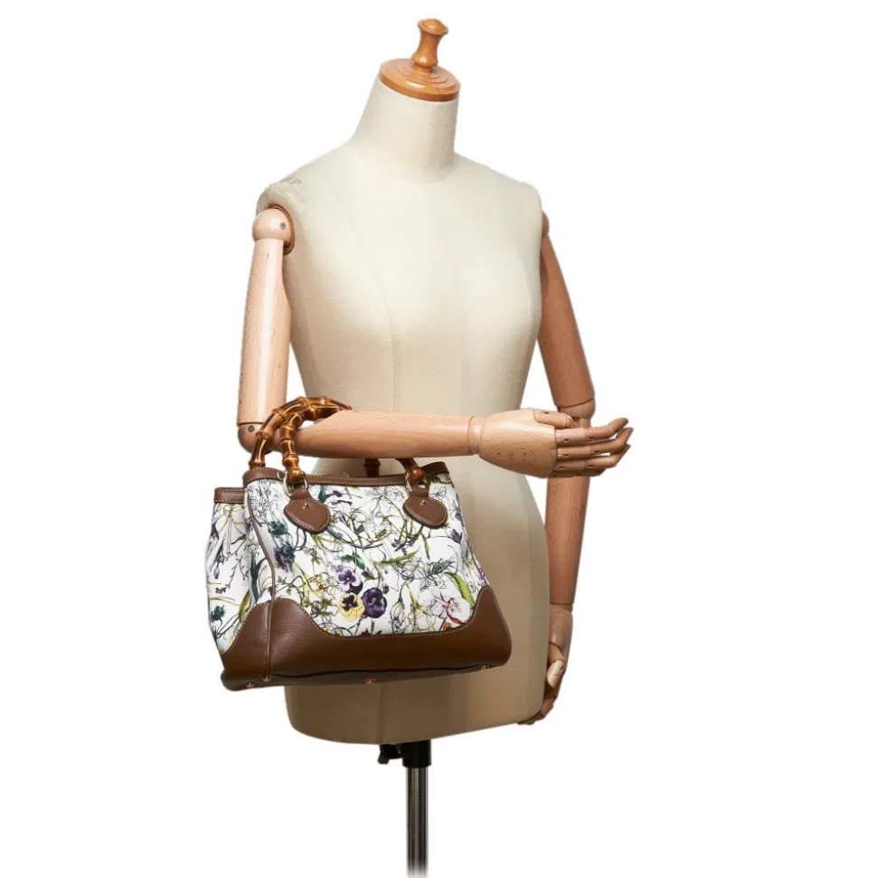 Gucci Vintage - Bamboo Canvas Flora Diana Satchel Bag - White - Leather Handbag - Luxury High Quality - Avvenice