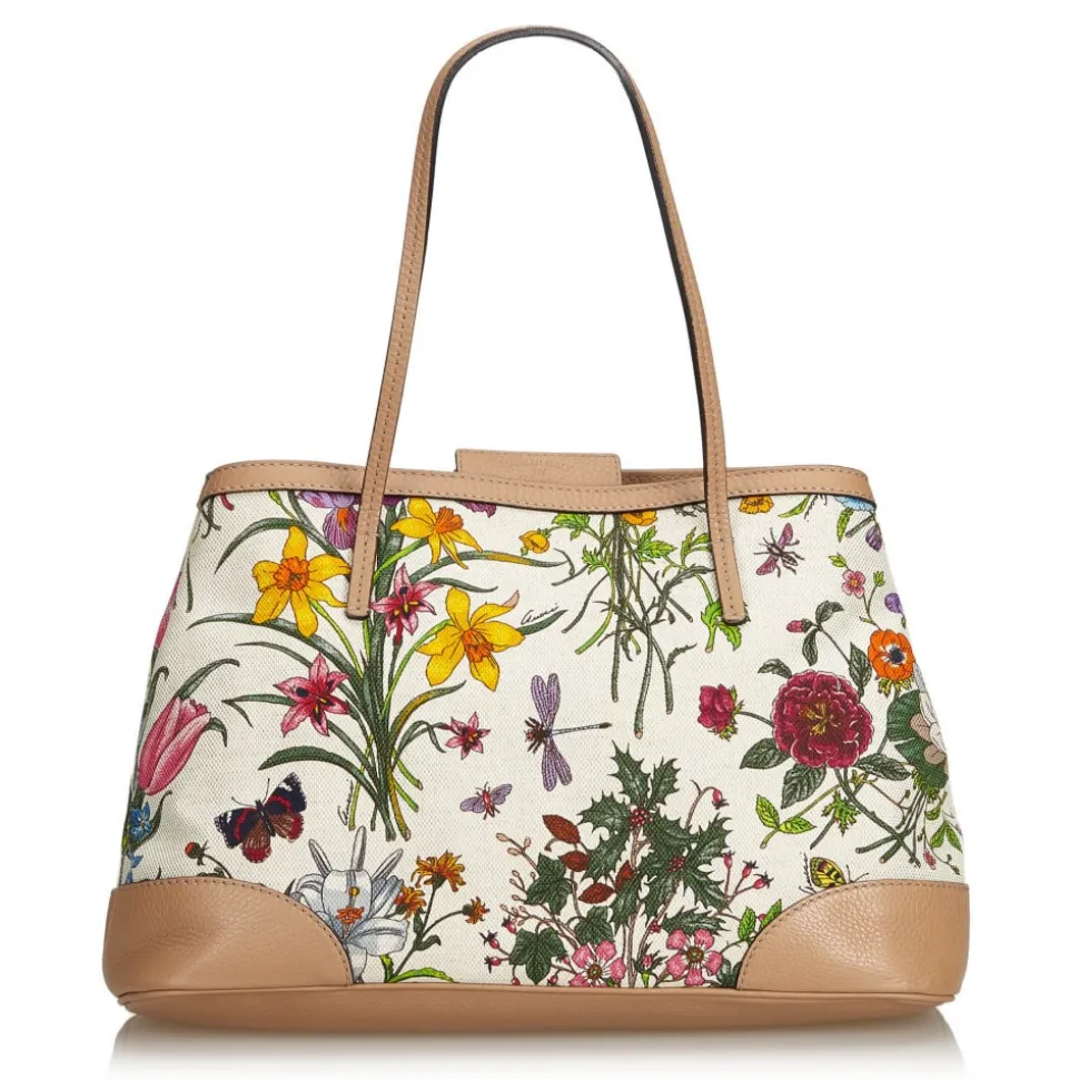 Gucci Vintage - Canvas Floral Tote Bag - White - Leather Handbag - Luxury High Quality - Avvenice