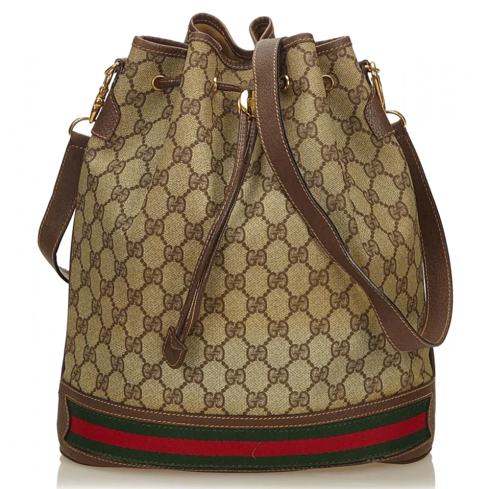 Gucci Vintage - Guccissima Web Canvas Drawstring Bucket Bag - Brown - Leather Handbag - Luxury High Quality - Avvenice