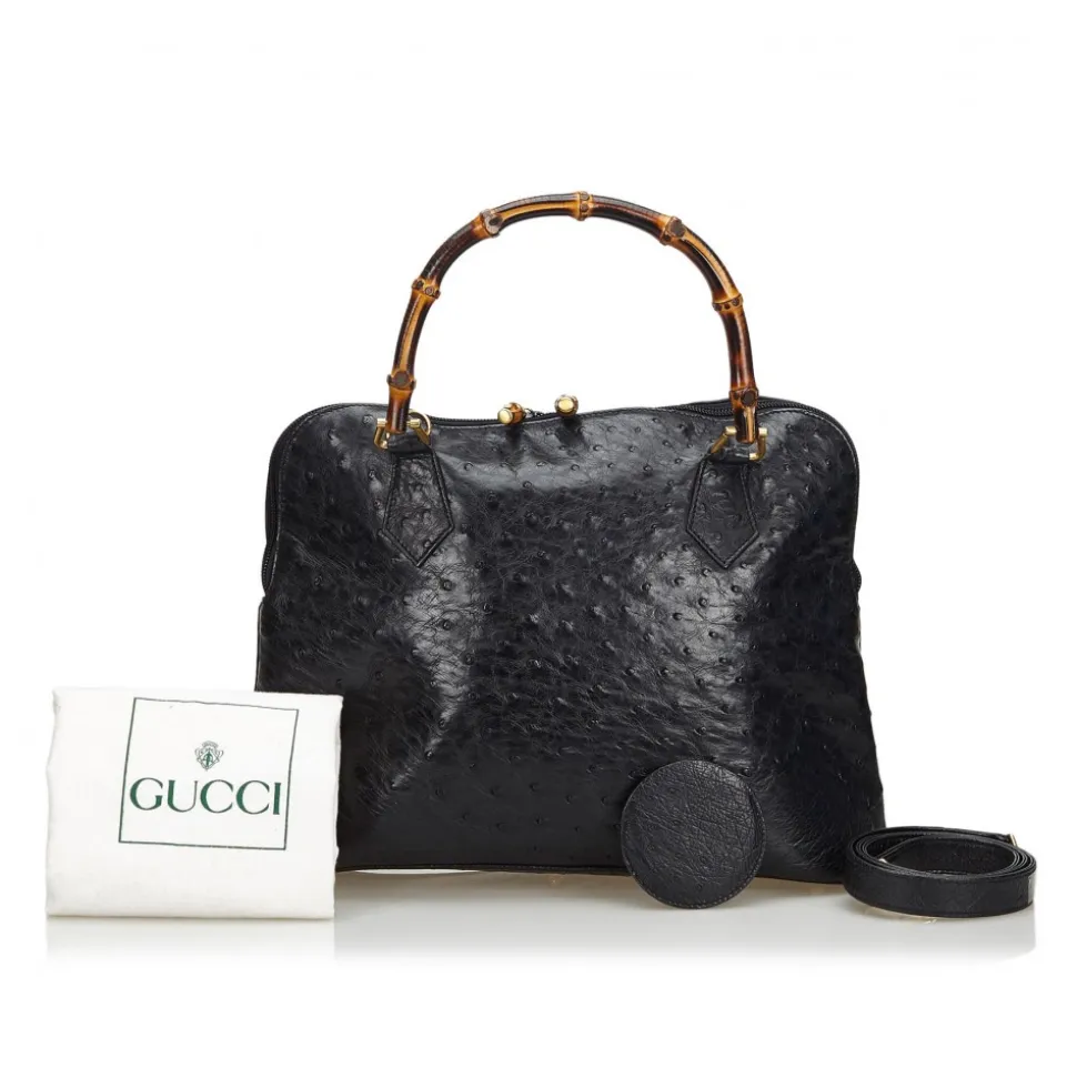 Gucci Vintage - Ostrich Bamboo Satchel Bag - Black - Leather Handbag - Luxury High Quality - Avvenice