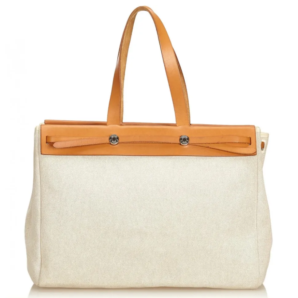 Hermès Vintage - Herbag Cabas MM Bag - Ivory Brown White - Leather and Canvas Handbag - Luxury High Quality - Avvenice