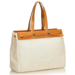 Hermès Vintage - Herbag Cabas MM Bag - Ivory Brown White - Leather and Canvas Handbag - Luxury High Quality - Avvenice