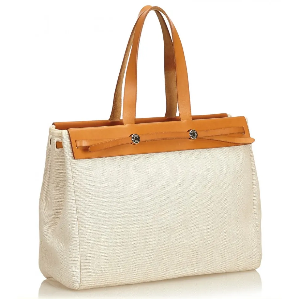 Hermès Vintage - Herbag Cabas MM Bag - Ivory Brown White - Leather and Canvas Handbag - Luxury High Quality - Avvenice