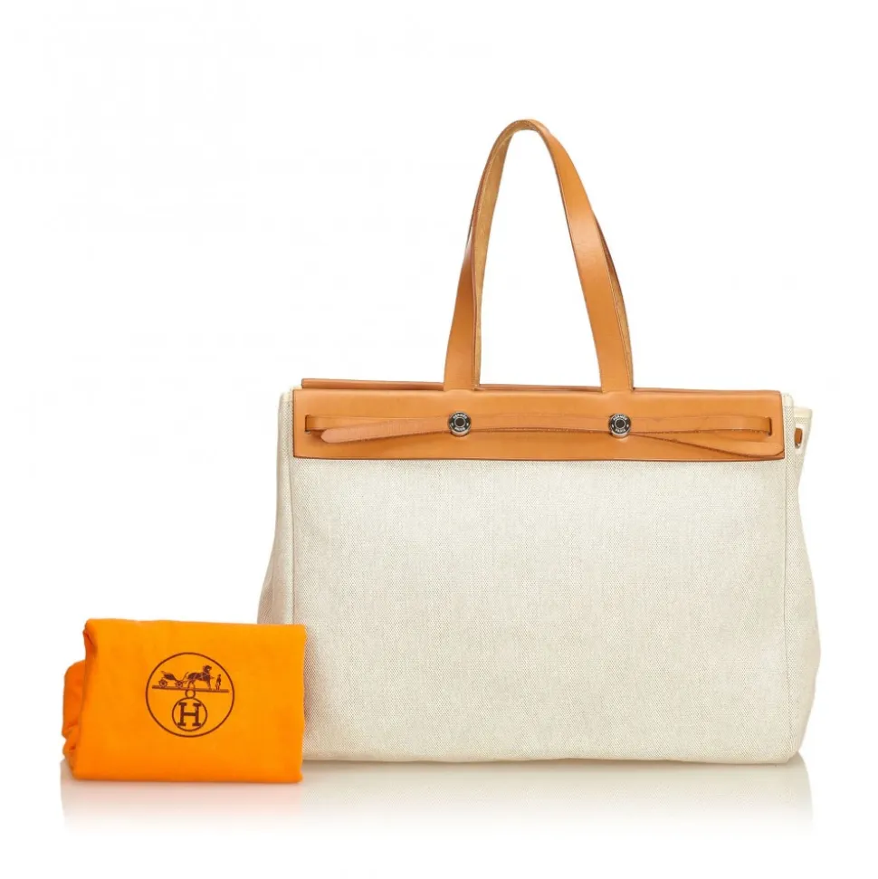 Hermès Vintage - Herbag Cabas MM Bag - Ivory Brown White - Leather and Canvas Handbag - Luxury High Quality - Avvenice