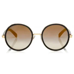 Jimmy Choo - Andie - Black Acetate Round Framed Sunglasses with Leapard Cavallino Leather Detailing - Jimmy Choo Eyewear - Avvenice